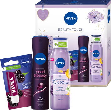 Набір косметики для догляду Nivea Beauty Touch Антиперспірант-спрей 150 мл + Гель для душу 300 мл + Помада для губ 4.8 г (9005800361543)