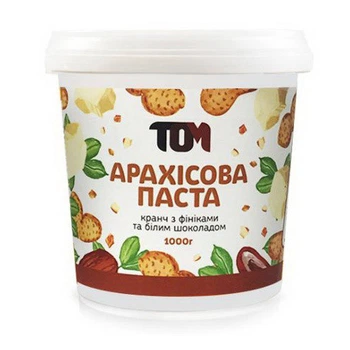 Натуральна арахісова паста TOM 1000 грам кранч з фініками та білим шоколадом
