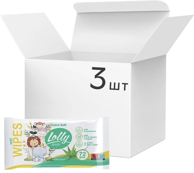 Упаковка влажных салфеток для детей Lolly Extra Soft 72 шт х 3 пачки (4820174981211)(4820174981549)