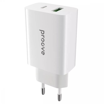 Мережевий зарядний пристрій Type-C + USB з швидкою зарядкою, блок живлення Rapid 20W білий, Proove (WCRP20110002)