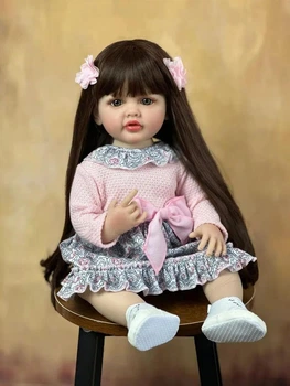 Велика вінілова лялька ручної роботи Reborn Baby Doll зі справжнім довгим волоссям та великими очима