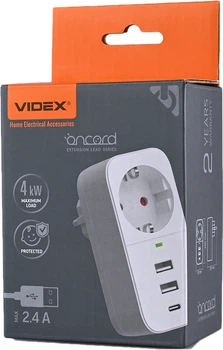 Сетевой адаптер VIDEX ONCORD з/з 1п 2.4A 2USB+USB-C White (VF-AD1G2U1C-W)