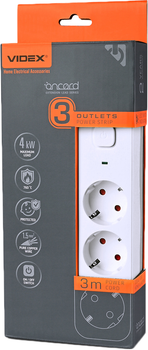Сетевой удлинитель VIDEX ONCORD з/з 3п 3м 3x1.5мм с кнопкой White (VF-PD33G-W)