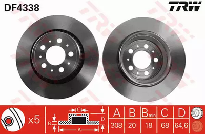 Диск гальмівний (1 шт.) VOLVO XC90 R D=308mm 02-14, TRW (DF4338)