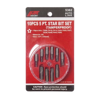 Набор бит TORX 5 граней 1/4" TS08-TS50 с отверстием 10ед. 5362 JTC