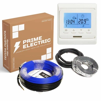 Теплый пол Prime Electric 2м²-2,4м²/ 400Вт (20м) нагревательный кабель под плитку 20Вт/м с программируемым терморегулятором белым