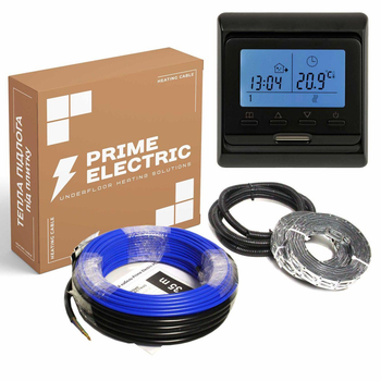 Тепла підлога Prime Electric 3,5м²-4,2м²/ 700Вт (35м) нагрівальний кабель під плитку 20Вт/м з програмованим терморегулятором чорним