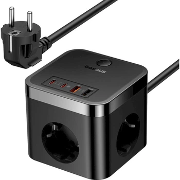 Удлинитель - зарядное Baseus PowerCombo Cube Power Strip 3AC+2U+2C 30W 1.5 метра черный