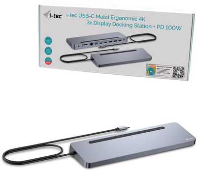 USB Hub i-Tec USB-C Metal Ergonomic 3x 4K Display Docking Station + Power Delivery 100 W Grey (C31FLAT2PDPRO)