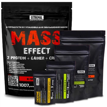 Комплект 4 в 1 для набирання маси Extremal Mass Effect 1 кг — гейнер для сили, whey protein, енергетик креатин, протеїн для м'язів (1333558861)