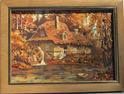 Картина из янтарной крошки "Домик на реке" (пейзаж) 20х30
