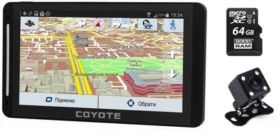 GPS навигатор видеорегистратор COYOTE&nbsp;940 DVR Double Hector PRO 1gb 16gb с картами для грузового и легкового транспорта + Камера заднего вида с подсветкой + Карта памяти 64Gb MicroSD