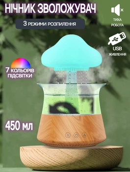 Увлажнитель воздуха гриб Air Purifier AP06 с эфектом дождя, RGB подсветка 7 цветов, 450мл