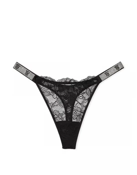 Трусики Victoria's Secret стрінги зі стразами чорні кружевні M