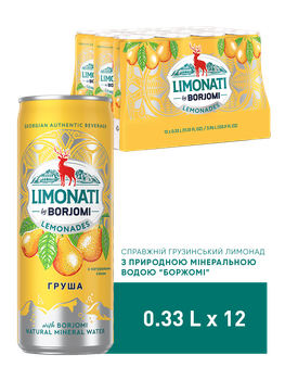 Упаковка сильногазованого лимонаду Borjomi Limonati Груша 0,33 л х 12 банок