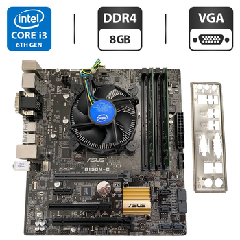 Комплект: Материнская плата Asus B150M-C / Intel Core i3-6100 (4 ядра по 3.7 GHz) / 8 GB DDR4 / Socket LGA 1151 / Задняя заглушка б/у