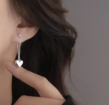 Длинные серьги на цепочке с сердечком серебристые