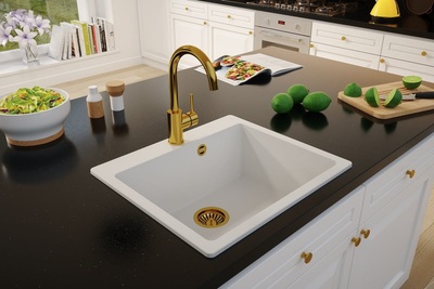 Кухонна мийка Quadron Morgan 110 Біла + syfon Push-2-Open в кольорі PVD (HB8304U7-G1_P2O)