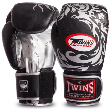 Перчатки боксерські шкіряні TWN (розмір 12oz, Чорний-срібний) (TWINS-DRAGON-Rep_Чорний-срібло)