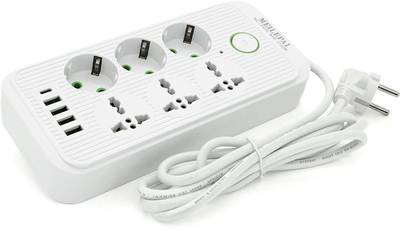 Сетевой фильтр Voltronic F07U, 6 розеток (3 EU+3 Universal) + 4 USB + 1PD, кнопка включения с индикатором, 2 м, 3х0.75мм, 2500W, White, Box (YT31670)