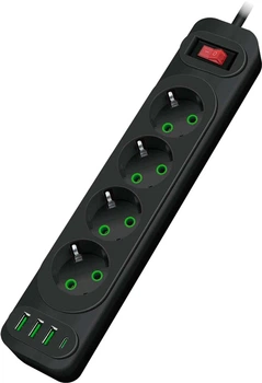 Мережевий фільтр Voltronic F24U, 4 розетки EU + 3 USB + PD, кнопка ввімкнення з індикатором, 2 м, 3х0.75мм, 2500W, Black, Box (YT31692)