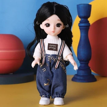 Шарнирная кукла BJD в комбинезоне с черными волосами 16см (К112)