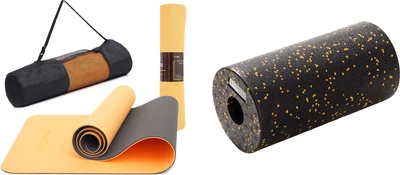 Набір Килимок спортивний Cornix TPE 183 x 61 x 0.6 см для йоги та фітнесу XR-0001 Orange/Black + Масажний ролик Cornix XR-0133 EPP 30 х 15 см Чорний/Помаранчевий