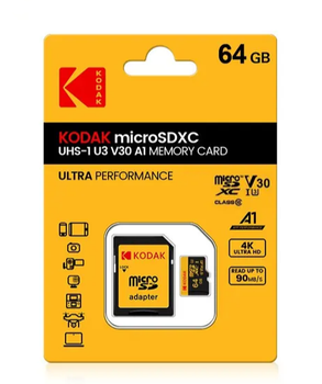 Карта памяти micro SD Kodak 64Gb U3 A1 class 10 + SD адаптер