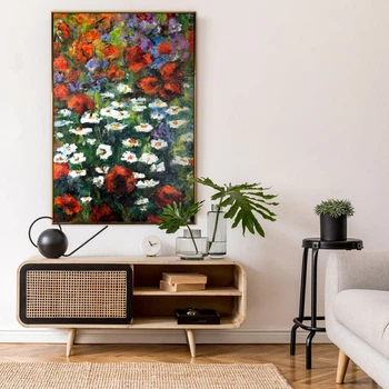 Картина ручної роботи в стилі абстракції, акриловими фарбами на полотні, «Квітковий простір» в золотій рамі, 140×100 см (PSF073F)