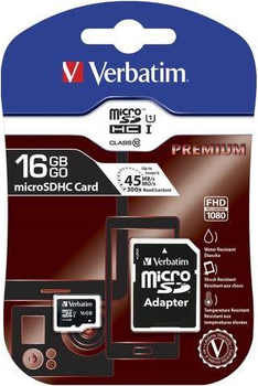 Карта пам'яті Verbatim Premium MicroSDHC 16GB Class 10 + SD-адаптер (23942440826)