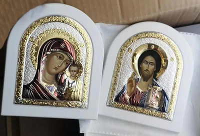 Иконы с напылением серебром для дома Спаситель и Богородица 22х27см (арочные)