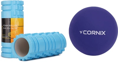 Набор Массажный ролик Cornix EVA 33 x 14 см XR-0030 Sky Blue + Массажный мяч Cornix XR-0229 Lacrosse Ball 6.3 см Темно-синий