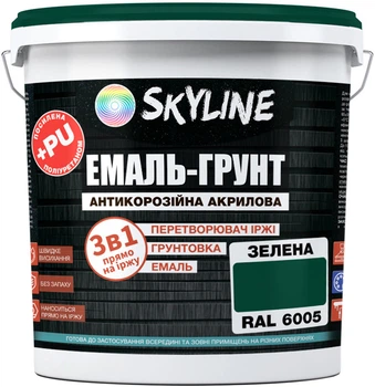 Эмаль-грунт 3 в 1 акрил-полиуретановая шелковисто-матовая Skyline RAL 6005 12 кг Зеленая (E3-16005-S-12)