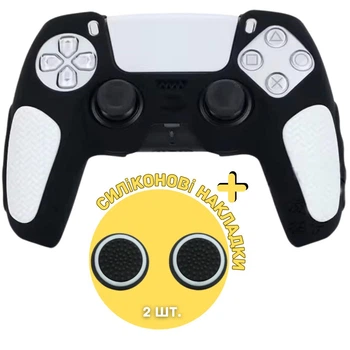 Качественный защитный силиконовый чехол Rubber Protective (Black/White) для геймпада DualSense Sony PlayStation 5 (PS5) + накладки на стики [437156126]