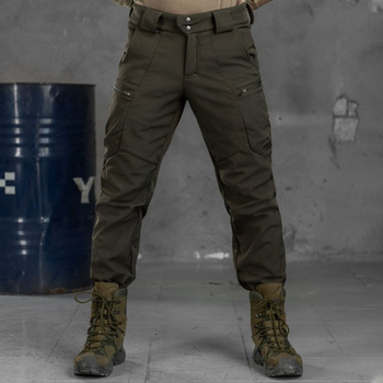 Утепленные мужские Брюки SoftShell с Высоким Поясом / Плотные штаны на флисе олива размер S