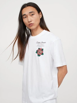 Футболка хлопковая длинная мужская H&M 0684021_03 S Белая с принтом (KAY2000001398081)