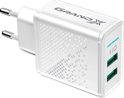 Зарядний пристрій Grand-X CH-60W 2USB 5 V 3.1 A White із захистом від перевантаження (CH-60W)