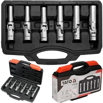 Ключи торцевые для свечей накала YATO: 3/8 ", 8-16 мм, на шарнирах, Cr-V, 6 шт + кейс