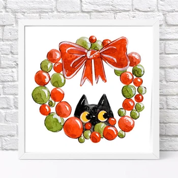 Постер в рамке Котик и рождественский венок 30x30 см