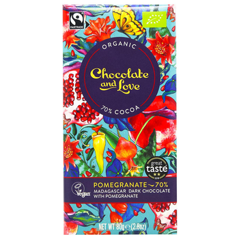 Чорний шоколад органічний з гранатом 70% какао Chocolate and Love 80 г (20608570)