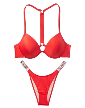 Раздельный купальник Victoria's Secret красный с push up и лентой из стразов на спине Shine Strap пушап бразилиана 36B/M