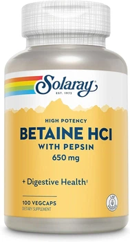 Бетаїн гідрохлорид із пепсином Solaray, HCL with Pepsin, 650 мг, 100 капсул