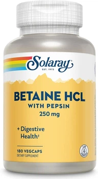 Бетаїн гідрохлорид із пепсином Solaray, Betaine HCL with Pepsin, 250 мг, 180 капсул