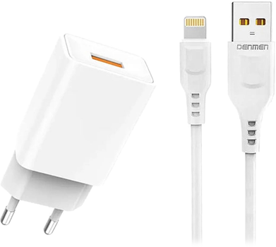 Мережевий зарядний пристрій Denmen DC01L USB 2.4 A + кабель Lightning Білий (DC01L-WH)