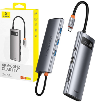 Хаб 7в1 Baseus Gleam HDMI 4K 60 Hz + 3 x USB 3.0 + 1x PD + SD/TF Gray (B00030708811-00)