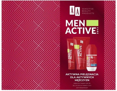 Zestaw dla mężczyzn AA Men Active Antyperspirant w kulce 50 ml + Krem do twarzy 50 ml + Peeling do twarzy 150 ml (5900116095745)