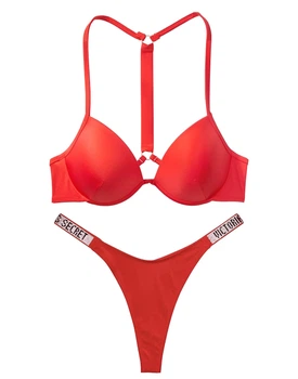 Роздільний купальник Victoria's Secret червоний з push up та стрічкою зі стразів на спині Shine Strap пушап стрінги 34B/S