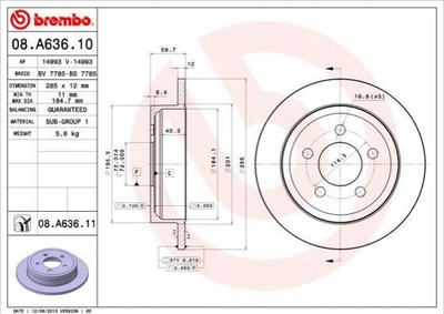 Гальмівні диски BREMBO 08.A636.10 Jeep Cherokee KJ, WRANGLER II (TJ) 52128411AA, 52128411AB