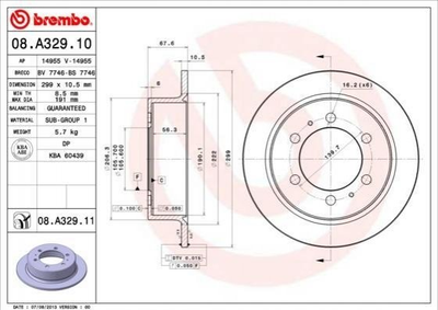 Гальмівні диски BREMBO 08.A329.11 SsangYong Rexton, Korando 4840105101, 4840105110