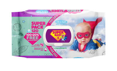 Салфетки влажные Super Baby 120 шт ромашка и алоэ, клапан